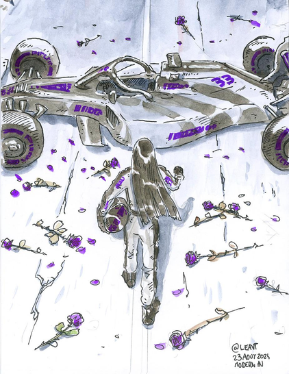 "Watercolour illustration of Juliette, a tall and lean woman with long shiny black hair, walking fiercely towards a Formula 1 car. She is carrying a helmet under her arm and wearing a white and black racing suit with bright purple accents, matching her car's design and colours. On the road around her are layed multiple purple roses and petals. The composition is a reference to the famous Akira poster."