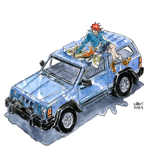 "illustration of a blue 1988 Jeep Cherokee, Jasper is sitting on the roof with a map and an orange cat, they are shaking paws."