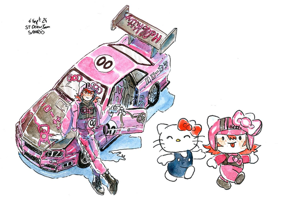 "watercolor illustration of a Hello Kitty racing car inspired by the Hotwheels Nissan Skyline GT-R Sanrio design. It's pink and black with hello kitty stickers, the driver, a young red haired person with freckles, is leaning nonchalantly on the car's hood and playing with the keys, the driver's door is open. Next to it two illustrations in Sanrio's style of Hello Kitty herself and the same driver blowing a raspberry (it's Jasper!)"