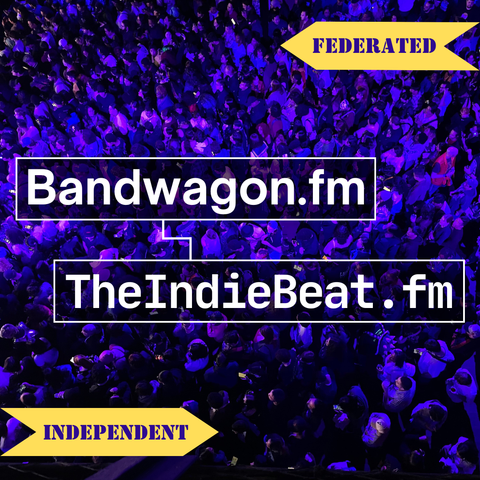 Photo of a large concert crowd seen from above. Overlaid reads, "Bandwagon.fm -> TheIndieBeat.fm - Federated - Independent"