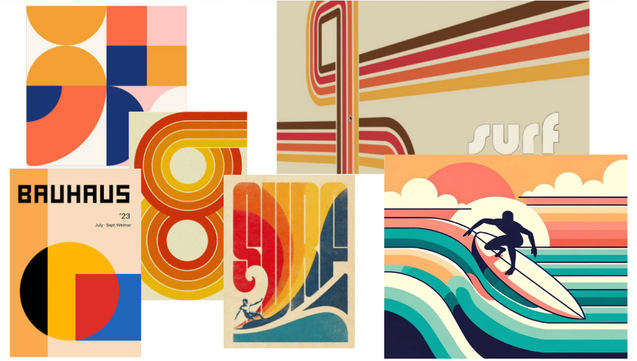 "Mood board" of 70s surf nostalgia and geometric posters and shapes, in shades of yellow, orange, red and blue.