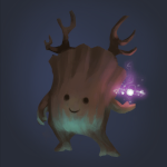 Painting of the SPritely Oaken mascot. They look like a small, short piece of oak wood, with small wooden horns like a stag, and a smiling face. They're hold up their hand with balls of purple magic floating above. They're also slightly light by a green light from below further giving a magical feel.