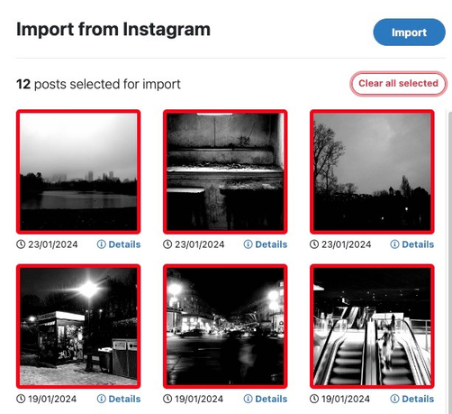Capture d'écran de l'import Instagram dans Pixelfed, avec une liste de posts à importer.