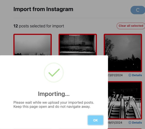 Capture d'écran de Pixelfed qui indique bien que l'import va commencer.