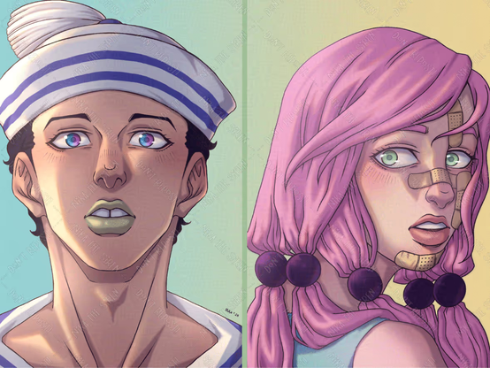 Illustration of Josuke Higashikata and Yasuho Hirose from Jojo's Bizarre Adventure part 8: Jojolion. It's a redraw of a scene from the manga, where Josuke and Yasuko are reunited again.