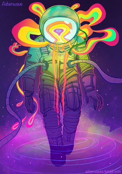 An astronaut floating in space, with a very colourful palette, from purples to radioactive green and yellow. The helmet doesn't show a human face but a kind of being made of very vibrant colours, leaking from the astronaut's suit. The colours float in space illuminating the scene.