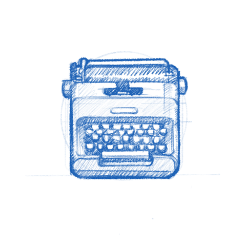 This is a sketch of a classic typewriter drawn in blue pencil. It features a vintage design with distinct elements like a keyboard, a paper carriage, and a roller. The sketch has a hand-drawn, illustrative feel with simple and minimalistic detailing, giving it a charming and retro aesthetic.