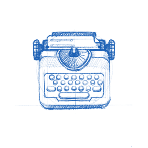 This sketch portrays another vintage typewriter design, drawn with a blue pencil in a similar hand-drawn style. It highlights a front-facing view with more detailed features compared to the first sketch. The typewriter includes:

    A rounded, central ribbon spool housing with radiating lines, adding visual focus.
    A more detailed keyboard layout with keys shaped like ovals or rectangles, representing functionality.
    Knobs on either side of the paper roller, maintaining the retro feel.
    A compact and symmetrical design overall, emphasizing its nostalgic aesthetic.

The illustration retains its minimalistic, charming approach with clear structural elements.