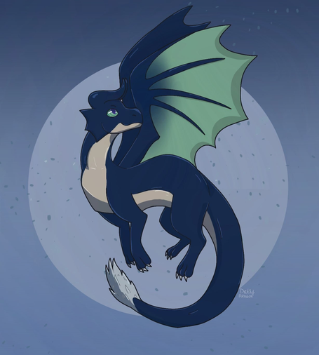 Drawing of a dark blue dragon in front of what looks like a minimalist moon in the night sky. The dragon has green eyes and wing webbing, a tuft of white fur at the end of his tail, and a cream-colored belly