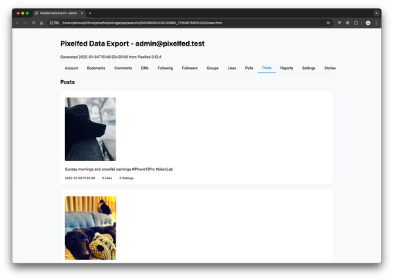 Pixelfed Data Export, showing the posts page