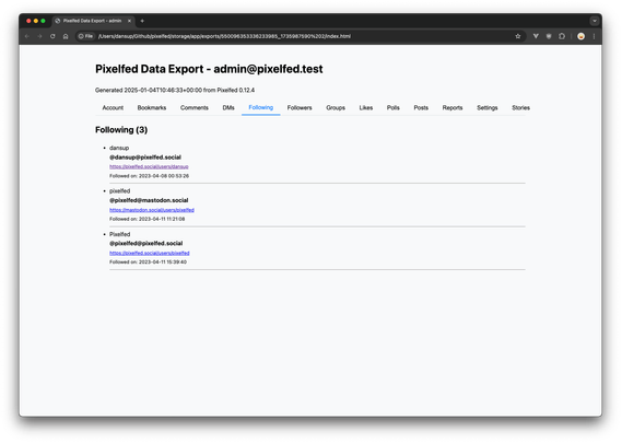 Pixelfed Data Export, showing the following page