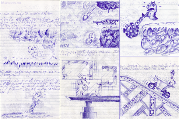 A collage of rough ballpen sketches and written ideas for the Hoi Amiga game, released in 1992.