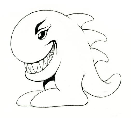 Pencil drawing of an evil little dragon / dino, as a wink to the cute little dragon / dino from the 1992 Commodore Amiga game Hoi.