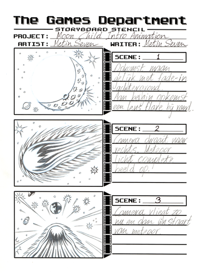 A storyboard page with pencil drawings in three panels, accompanied by clarifying text.