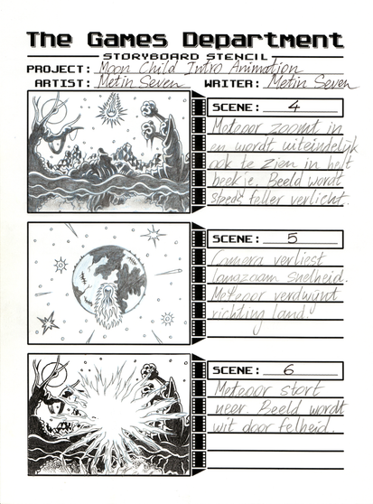 A storyboard page with pencil drawings in three panels, accompanied by clarifying text.