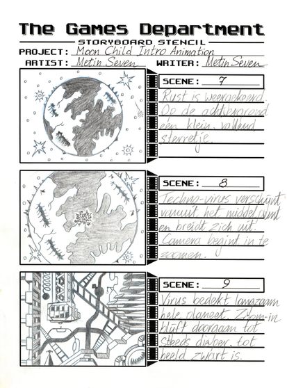 A storyboard page with pencil drawings in three panels, accompanied by clarifying text.