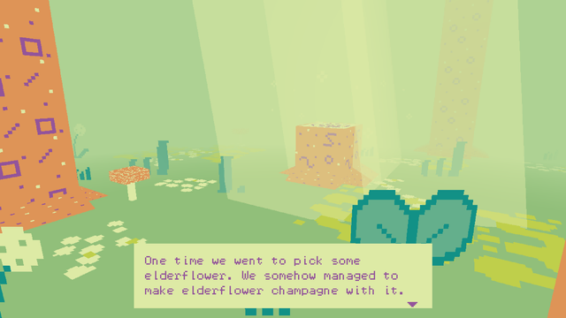 A screenshot of my game "BREATHE". It's a low poly forest, with tall grass, a mushroom and a tree stump. Light rays filtered through the canopy are hitting the ground. The dialogue box says "One time we went to pick some elderflower. We somehow managed to make elderflower champagne with it."