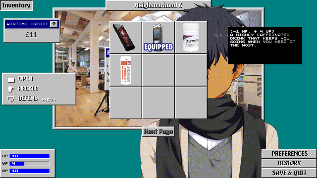 A screenshot from "Airtime Media". A pop up menu showing the items held by the player in this Visual Novel Roguelike. There's a tiny window explaining the effects of the Energy Drink item. The UI is reminiscent of Windows 95.