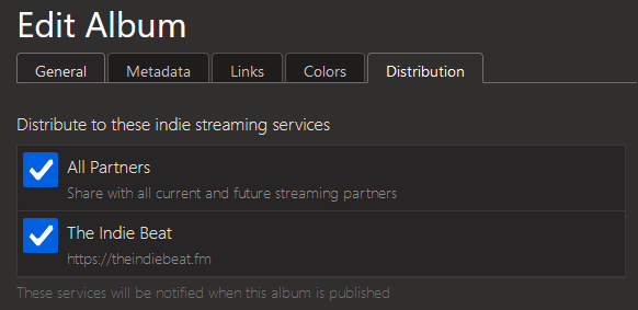 Bandwagon screenshot for album settings showing how to opt-in to distribution to The Indie Beat radio.