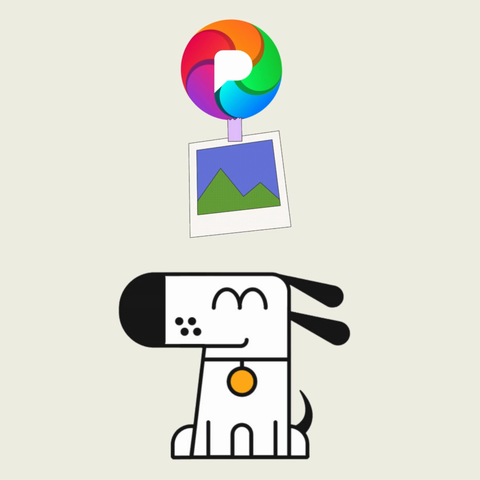 Pixelfed's logo with a subtly animated picture frame hanging from the icon. The frame includes a simplistic illustration of a mountain and sky. Below is Kagi's cartoon dog mascot, named Doggo.