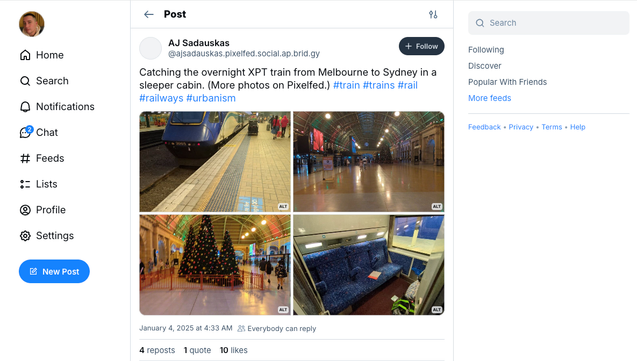 Pixelfed post bridged to Bluesky:

AJ Sadauskas
+ Follow
@ajsadauskas.pixelfed.social.ap.brid.gy
Catching the overnight XPT train from Melbourne to Sydney in a sleeper cabin. (More photos on Pixelfed.) #train #trains #rail #railways #urbanism