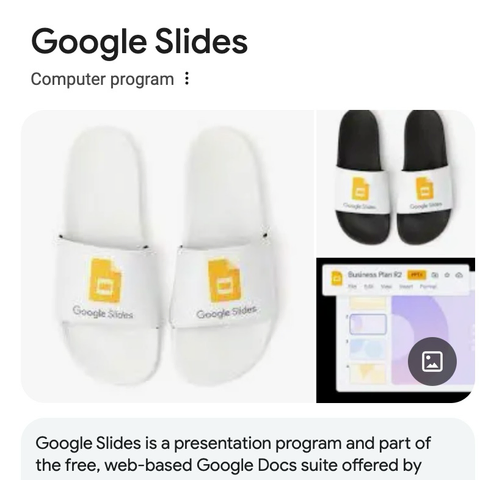 Plastic slippers with the Google slides icon on them the image is a rendering of a custom product. 