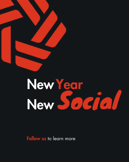 A graphic showing the copy: New Year New Social. What does it mean? Follow us to learn more. 

The colours of the graphic match Newsmast Foundation branding with the logo animated to spin in the top left corner.