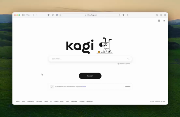 A screen recording showcasing the Kagi translation widget, with "Hello in Arabic" inserted into the search field being automatically translated into Arabic using Kagi Translate 