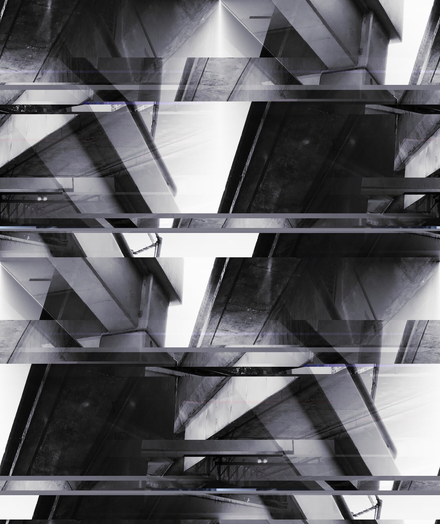 B&W photo of space in-between freeway and parking garage, glitched and rearranged to geometric impossibility.