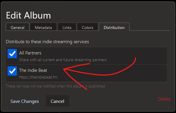 screenshot of bandwagon.fm album configuration page showing how to opt-in to distribution to theindiebeat.fm  radio stations