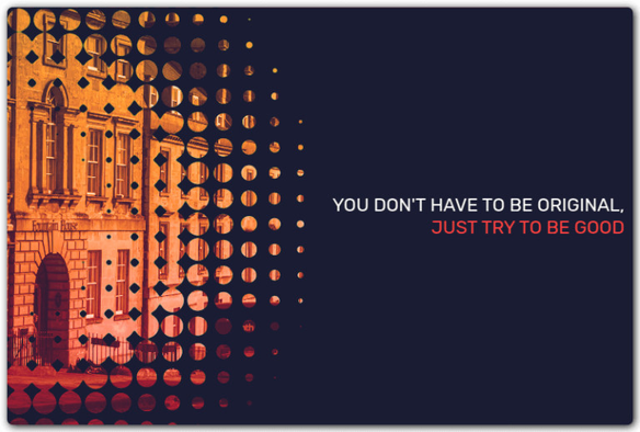 card with halftone mask on image on the left and duo text on the right (two lines of text, top one white, bottom one reddish)