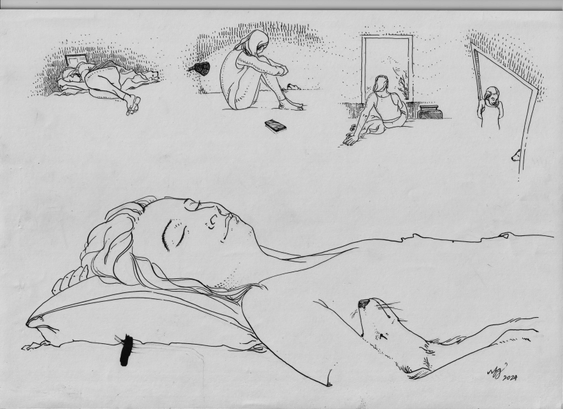Essentially a comic without the borders to mark panels.
Sequence of 5 different settings featuring one person and a dog. Or a dog and their person.

Top one-third, left to right:

1. Someone sleeping in a foetal position, face buried in their arms.
   A sleeping dog's head is visible behind them.
   An open laptop is partially visible behind them, in what seems like a dark room.

2. Profile of them sitting knees-to-chest on a bed, looking down and away from viewer, at a dog demanding their attention. Only the dog's snout is visible by the bed. The room is partially lit by a bedside lamp, making an oval on the wall.

3. They are seated on a bed, leaning back and resting on one hand. They are facing away from viewer, looking out through a big, open window, which lights up the room. The dog is asleep beside them. There is a suitcase standing next to the bed.

4. Top right. A door frame seen from above. It is facing the middle of the page.
   Our friend is leaning against the frame, with their hands behind them.
   They are looking down and smiling at the dog, whose snout and eyes are visible, inspecting the possibly new place.

Bottom two-thirds:

5. Key frame/drawing.
   In deep sleep, on their back, head on pillow, with a three-quarter view of their face and torso. So, barely turned towards viewer. There's a faint smile of relaxed, happy, deep sleep.
   Dog's asleep tucked behind their arm, visible head with nose pointing at the ceiling.