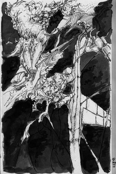 Abstract drawing:
Very chaotic, animated, partly cloudy looking shapes against a dark background. Parts of the foreground shapes have structure, and parts of it look like an explosion.