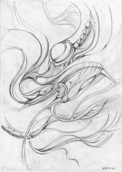 Automatic drawing in pencil.
The shapes look like a fluid, flowing arrangement of tubes, membrane, and bulbs.
