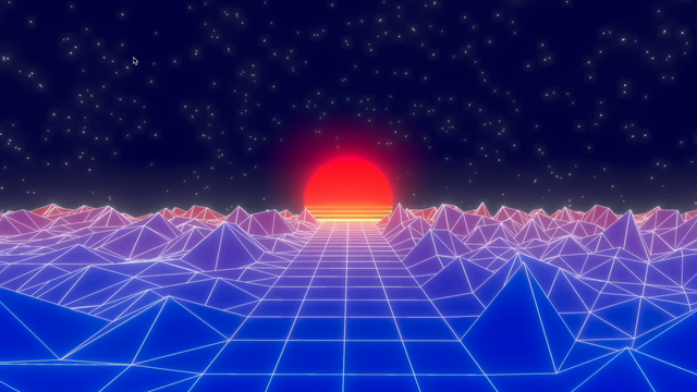 A classic "synthwave sunset" with a hilly wireframe horizon and a segmented burning setting Sun in the middle. The road in the middle is flat, we're flying over it.