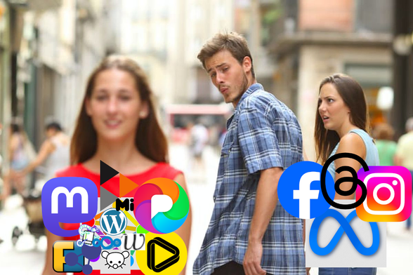 Meme about Meta users looking full of wonder to the fediverse. Meta (Facebook, Threads, Instagram) doesn't look amused, but the fediverse (with Mastodon, Peertube, Pixelfed, etc) looks very happy and confident.