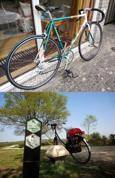 A composite photo of two bicycles. On top, an old Batavus racing bicycle leaned against the large window-to-the-ground of a holiday home. The frame is green and white with red and yellow accents. Black bar tape, saddle and toeclip pedals. At the bottom, black omafiets decorated with bright orange tape and stickers, rested on its kickstand next to a "toadstool" cycling path sign. Two arrows on another cycling sign point to a winding gravel road onto the moor at Hilversum, Netherlands. It is spring with sun and fresh green leaves on the trees.