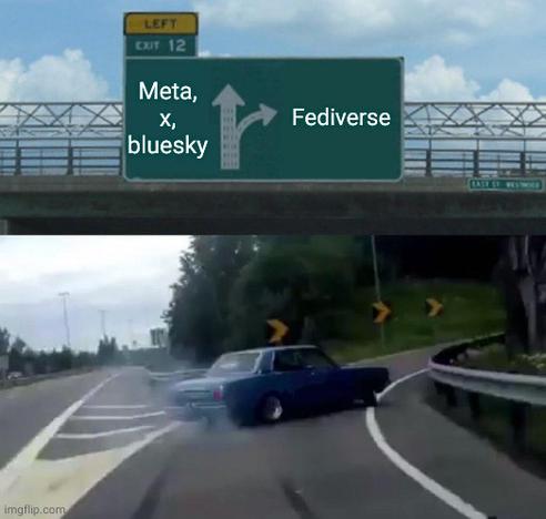 the "car swerving lanes" meme where it's turning away from meta x and bluesky and towards the fediverse