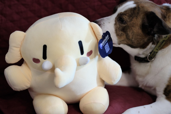 A Mastodon mascot elephant in cream color sitting on a couch beside a white and brown dog who's checking the newcomer out.