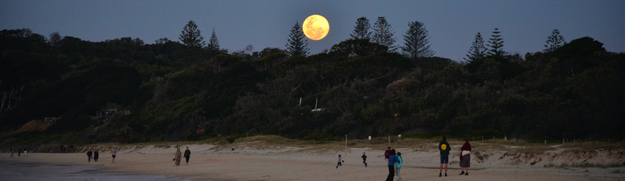 Large, bright yellow full moon centered over a blackened, silhouetted line of trees, above a beach on Byron Bay in Australia. A few scattered folks along the water. Suggesting that they are gathering to wait for the Total Lunar Eclispe, and Welcome Time Travelers. 

Photog's description: 
people playing soccer on beach during daytime
bright side of the moon 

https://unsplash.com/photos/people-playing-soccer-on-beach-during-daytime-eaaSAXtmQBU

