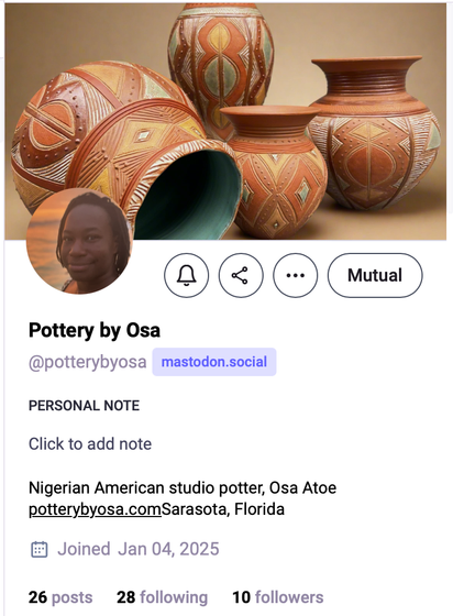 screen shot of Pottery By Osa's mastodon profile