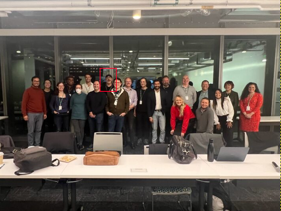 Participants' group photo of an invitation-only event for a discussion on Threads Interoperating in the Fediverse at Meta’s San Francisco office location.

The head of Evan Prodromou is marked by a red rectangular frame.
 
"Photo arranged by Tantek Çelik with photo participants opting-in to public sharing."