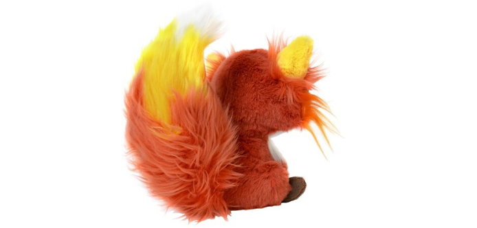 You can see a cute fusch cuddly toy half from behind, half from the side. His tail catches the eye. He has a little bigger than the fox liver. His paw, which you can see, is brown. His ear is yellow. Schwnaz is yellow and white at the end. Otherwise it is mainly red. He looks very warm and cuddly.