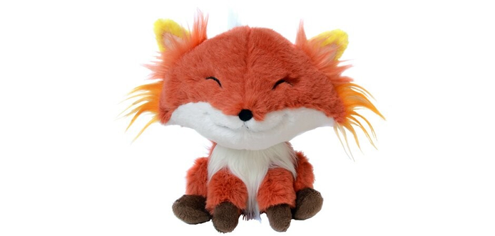 You can see a cute fox cuddly toy from the front. He is in front of white background. His ears are yellow. He is mainly red. He smiles and has your eyes squinted which makes him look very adorable. He has brow paw. In front he has white fur.