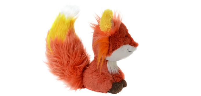 You can see a cute fox cuddly toy from the side. He is mainly red. His ear is yellow. The end of his tail is yellow and white. He is smiling. His paws are brown. In front (by the mouth and underneath) he has white fur. He looks very cuddly.