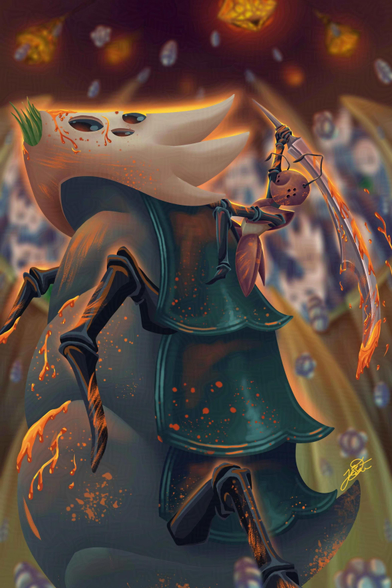 A digital art of bug warrior called God Tamer from Hollow Knight game. She wears orange colored armor and hold her sword that has yellowish orange liquid from her slayed enemies while riding her tamed beast pet. Her beast pet has skull head with 3 eyes and 3 horn on each side and green body with armor on its back. The beast walk on four.