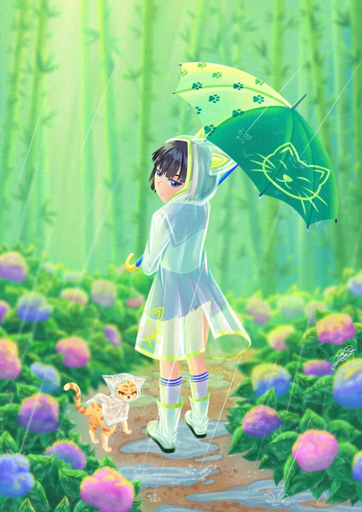 Digital illustration of cat and highschool girl holding an umbrella, both wearing raincoat, walking through wet small road in morning rain. Each side of the road grow colorful hydrangea flowers and up to the road, there's silhouette of bamboos forest.