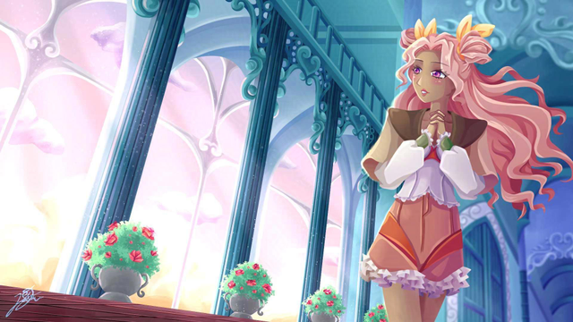 Fantasy digital illustration of anime girl walking and admiring castle hall