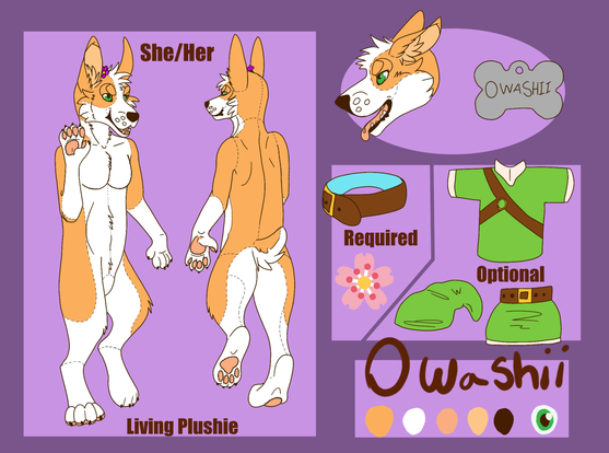 A refsheet for a female anthropomorphic corgi plushie.