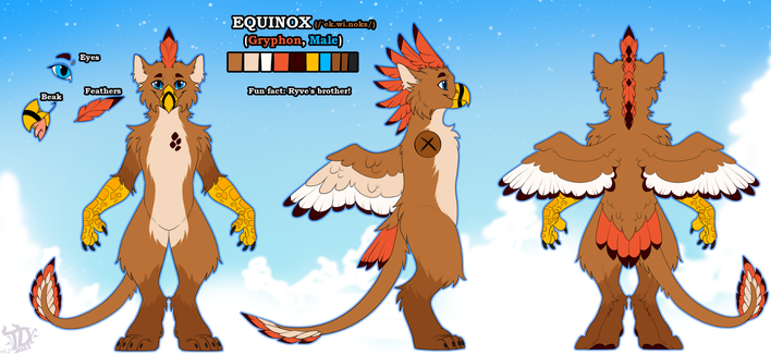 Anthro refsheet of Equinox the gryphon (Red-tailed hawk and Mountain lion hybrid). Art by ThlaylisDen on Twitter